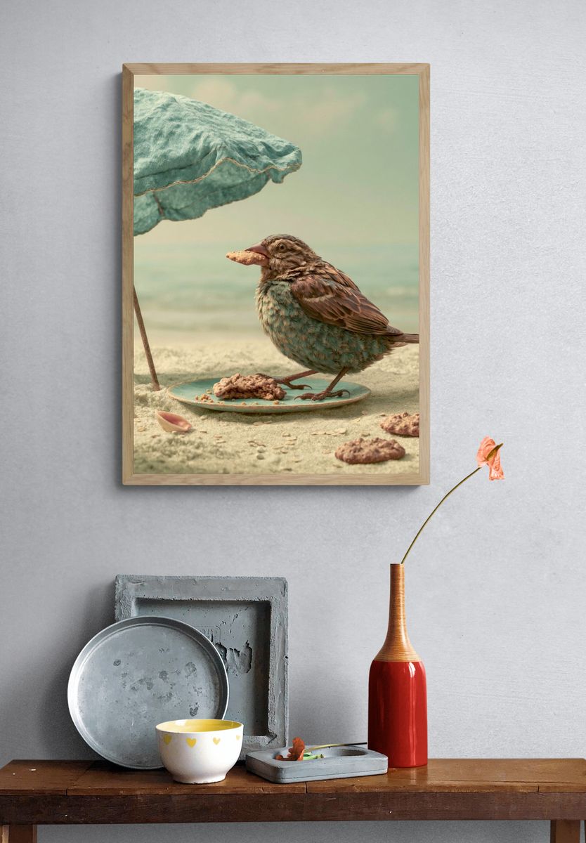 Seaside Bird with Umbrella Print. — room view 3