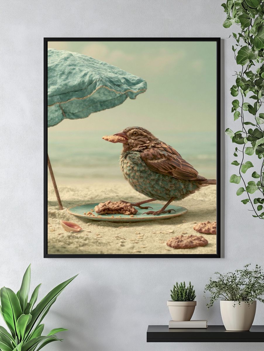 Seaside Bird with Umbrella Print. — room view 4