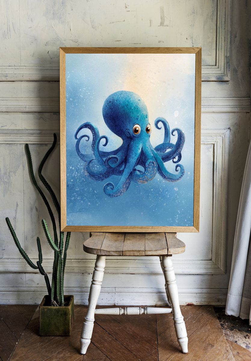 Blue Octopus Watercolor Poster. — room view 1