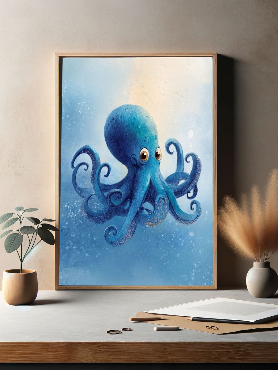 Blue Octopus Watercolor Poster. — room view 2