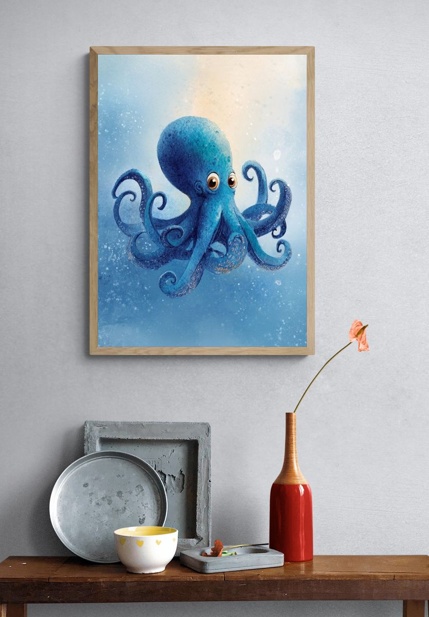 Blue Octopus Watercolor Poster. — room view 3