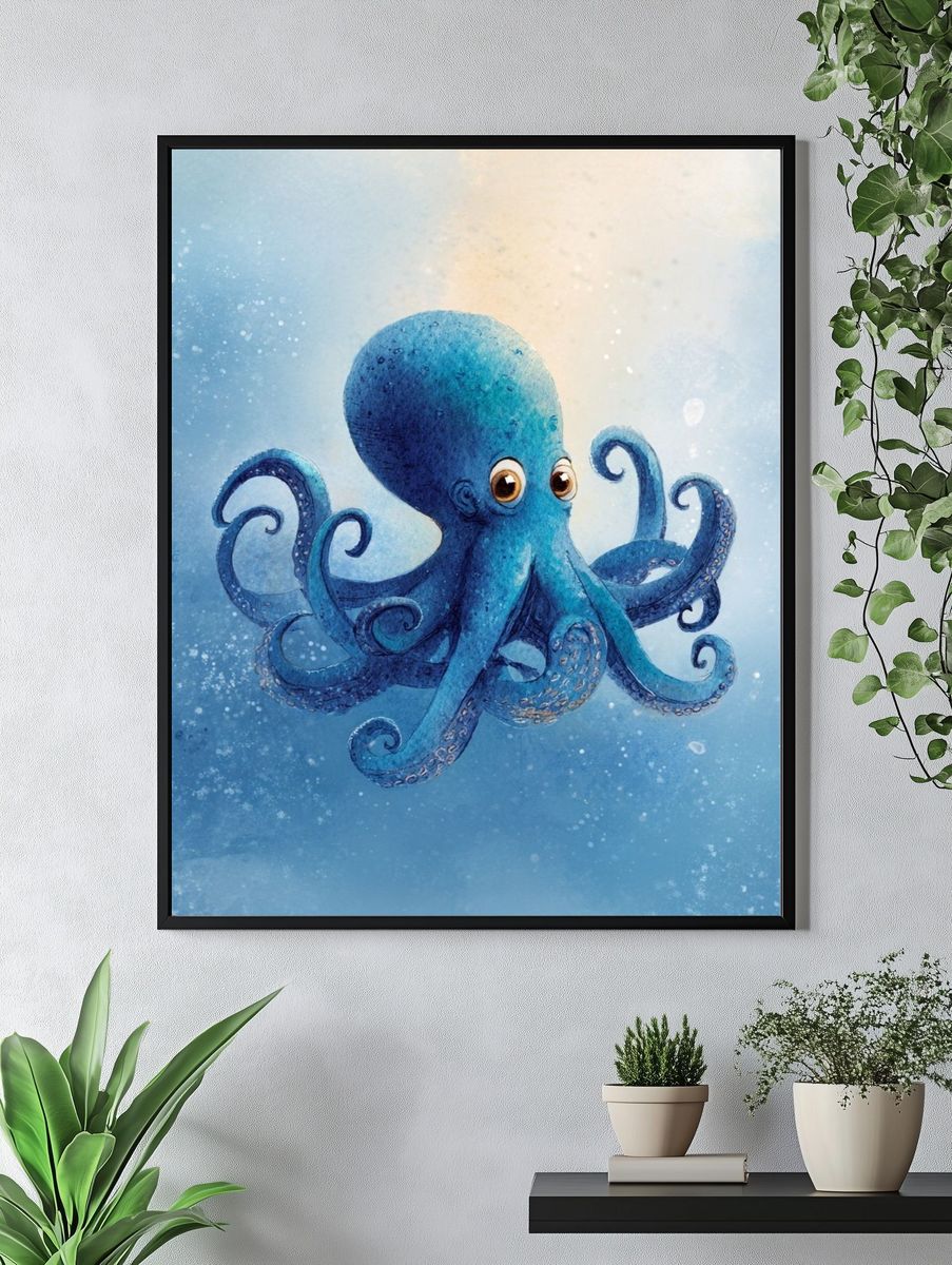 Blue Octopus Watercolor Poster. — room view 4