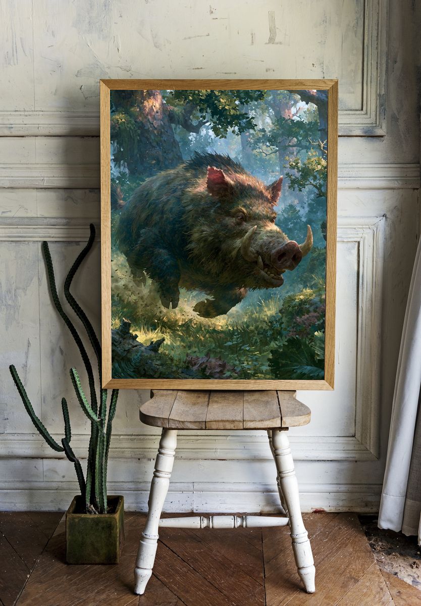 Charging Boar Forest Illustration Poster. room preview