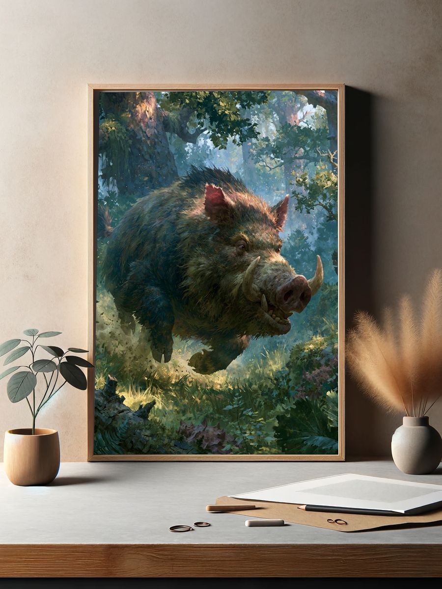 Charging Boar Forest Illustration Poster. — room view 2