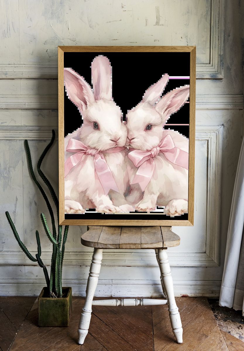 Pink Bunny Duo Watercolor Print. — room view 1