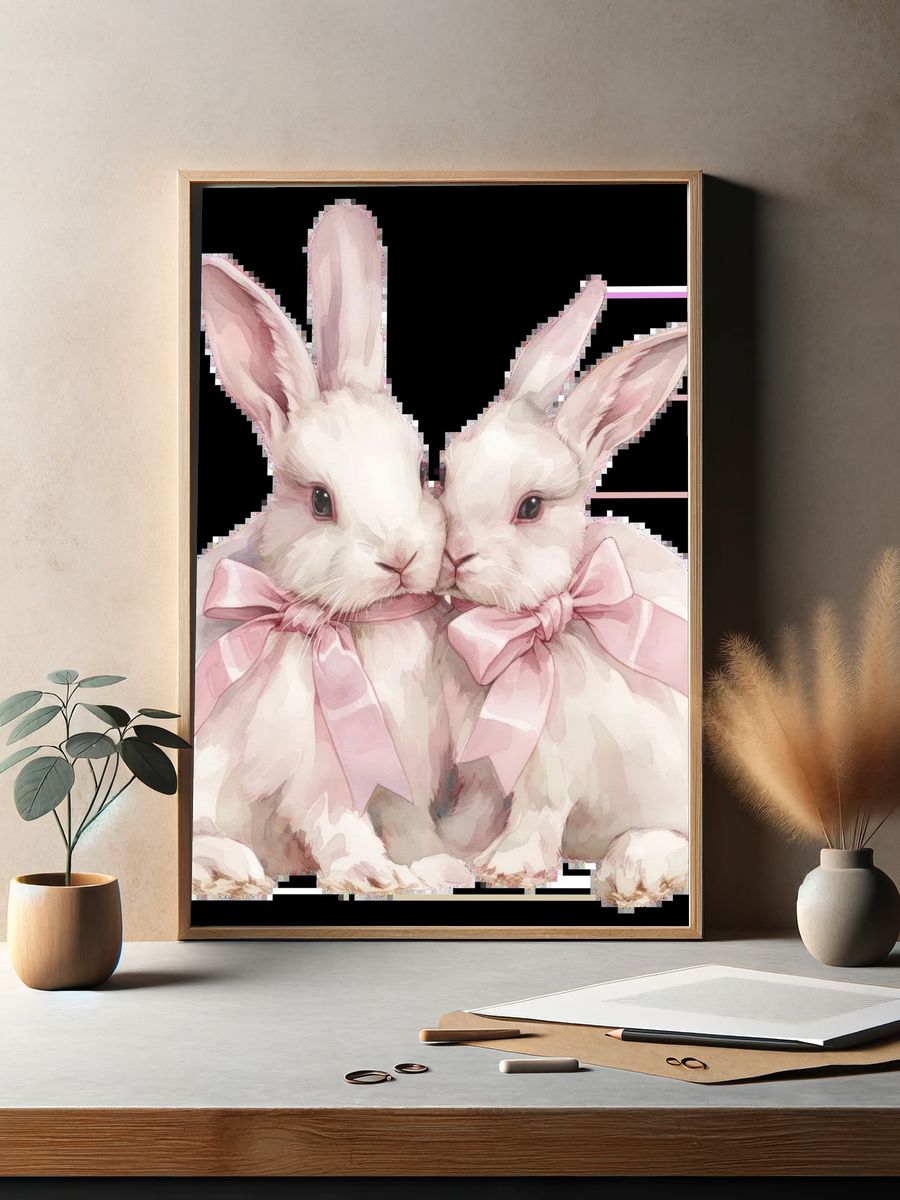 Pink Bunny Duo Watercolor Print. — room view 2