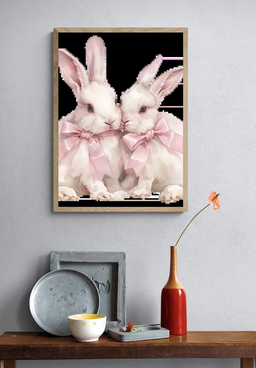 Pink Bunny Duo Watercolor Print. — room view 3