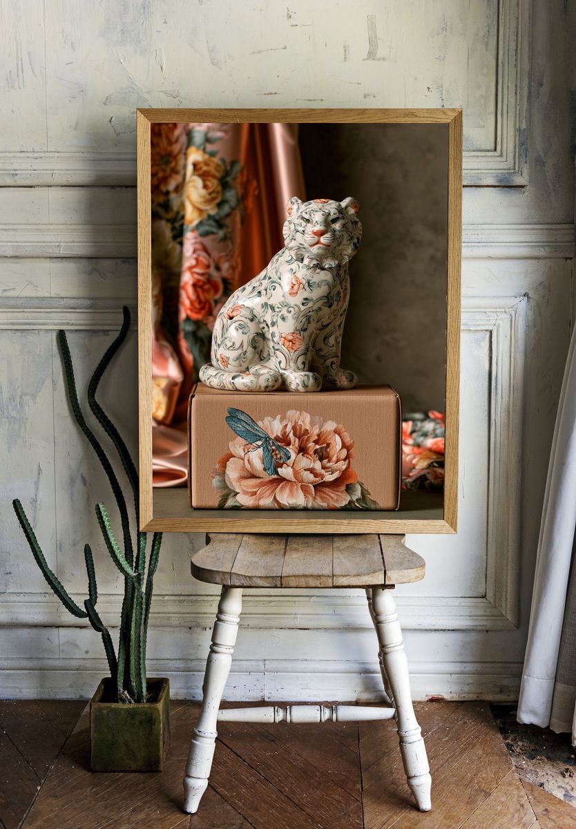 Floral Tiger Still Life Print. room preview
