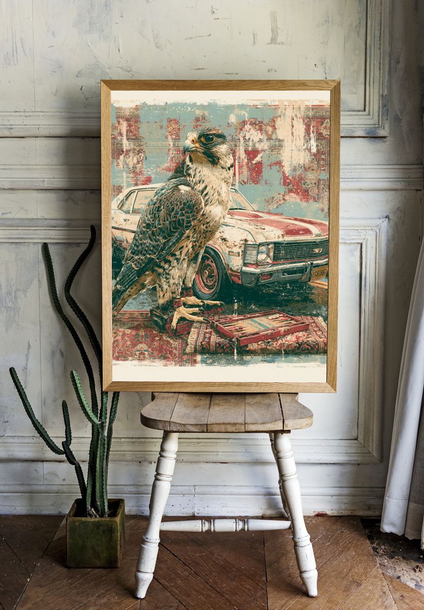 Falcon and Classic Car Illustration Poster. — room view 1