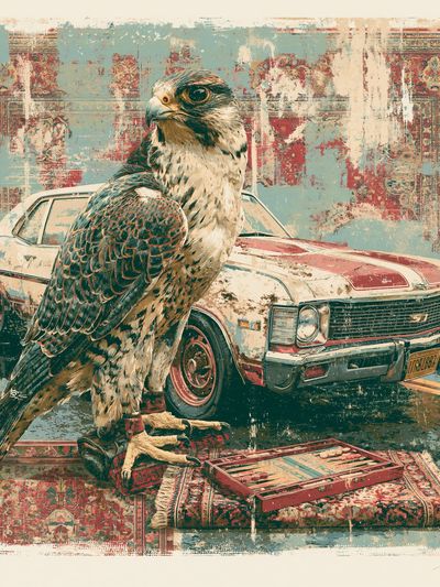Falcon and Classic Car Illustration Poster.