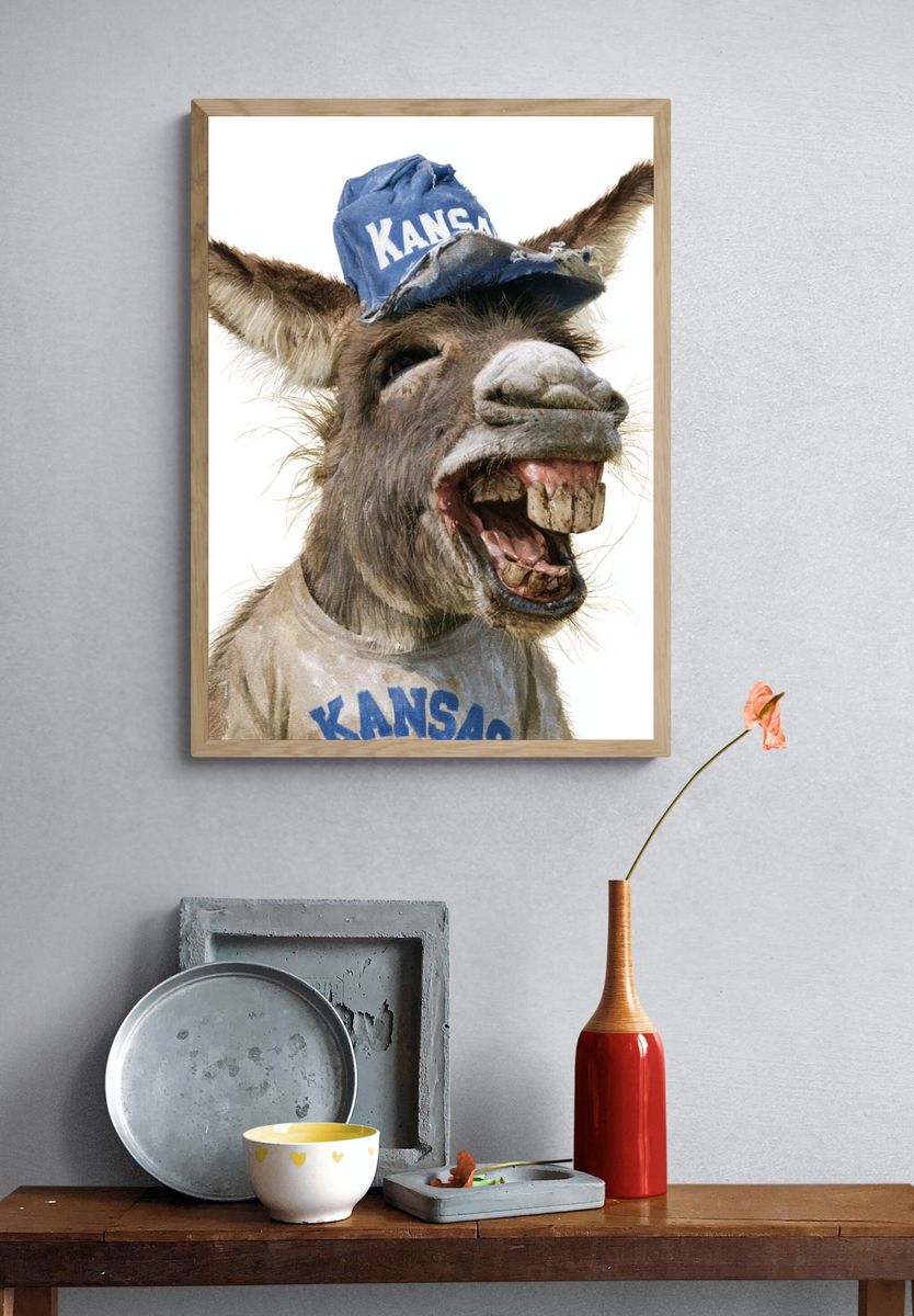 Laughing Donkey Portrait Print. — room view 3