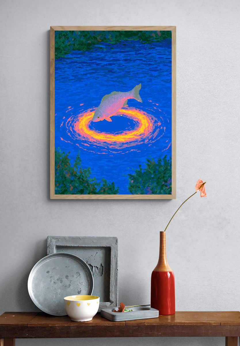 Neon Dolphin Swirl Illustration Poster. — room view 3