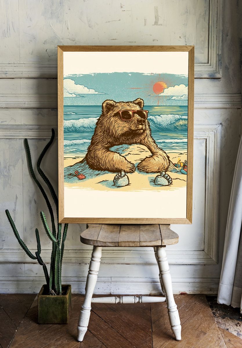 Cool Bear Beach Illustration Poster. room preview