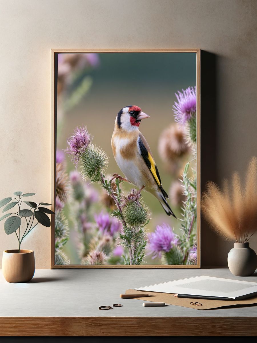 Goldfinch Among Thistles Poster. — room view 2