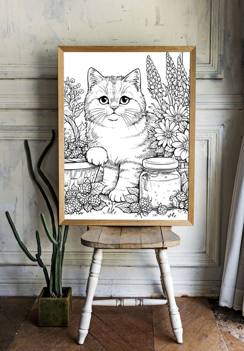 Kitten in Floral Garden Coloring Poster. room preview