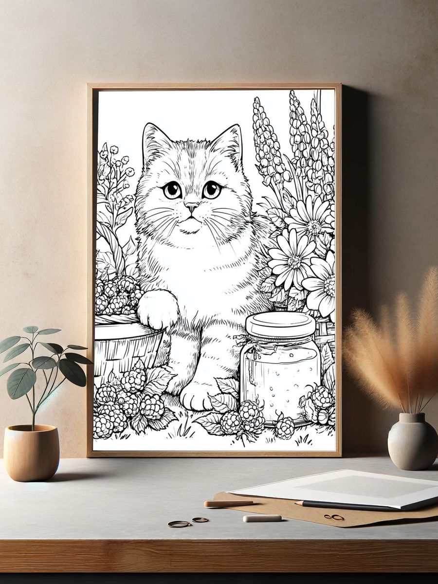 Kitten in Floral Garden Coloring Poster. — room view 2