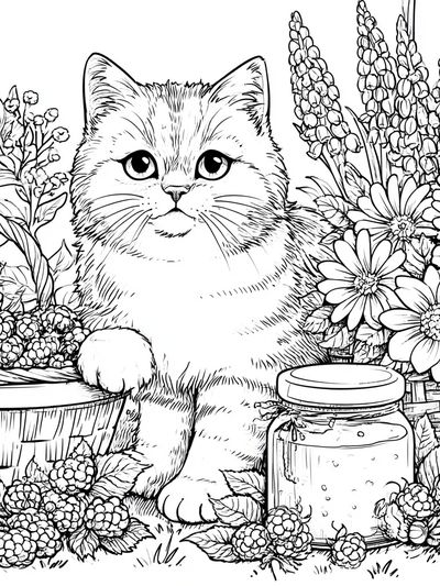 Kitten in Floral Garden Coloring Poster.