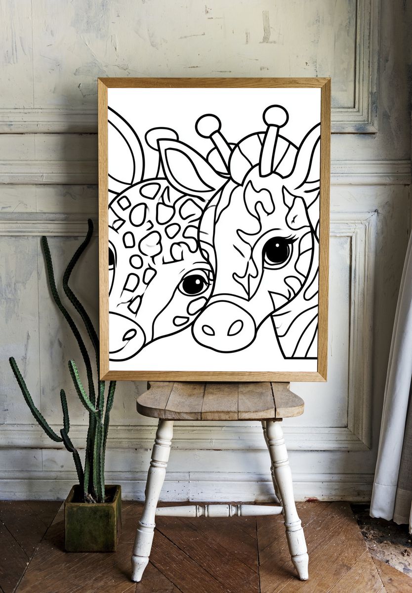 Cute Giraffe Duo Line Art Poster. — room view 1