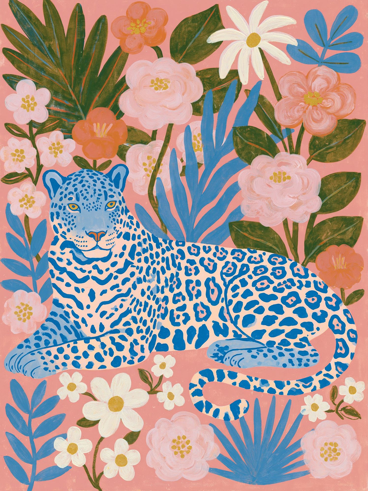 Blue Leopard Floral Illustration Poster. poster detail