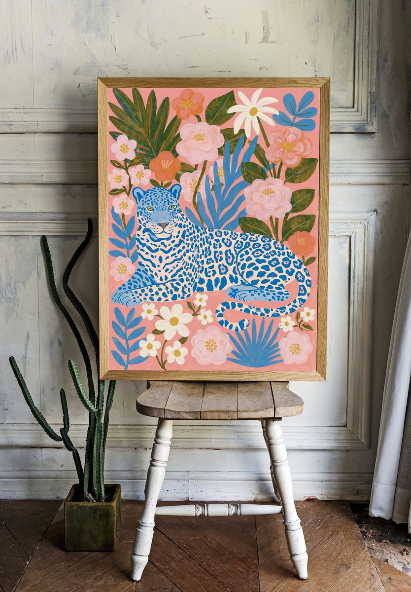 Blue Leopard Floral Illustration Poster. room preview
