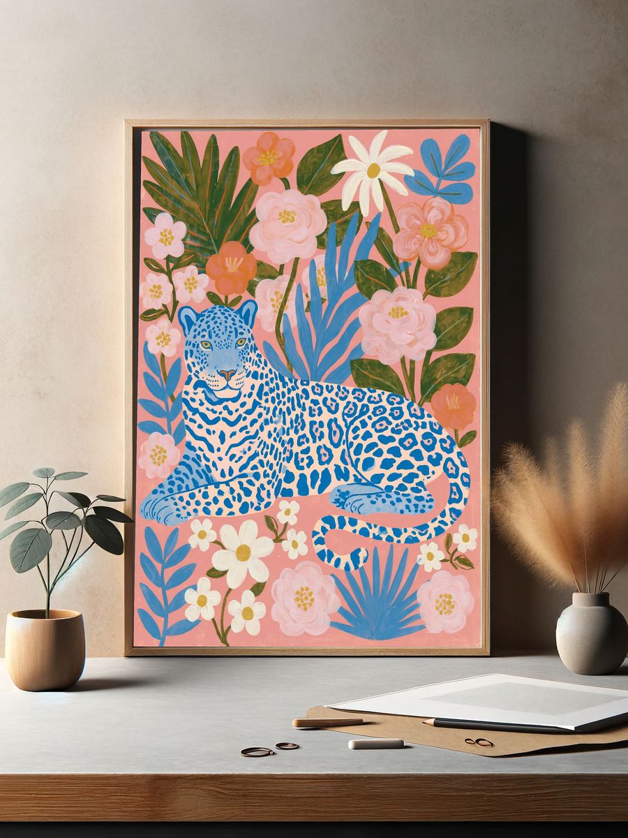 Blue Leopard Floral Illustration Poster. — room view 2