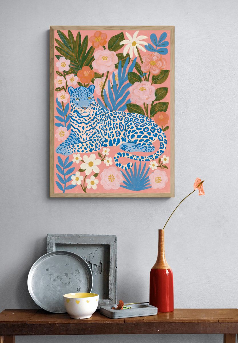 Blue Leopard Floral Illustration Poster. — room view 3