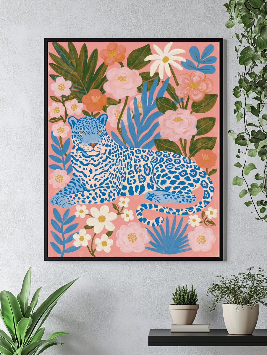 Blue Leopard Floral Illustration Poster. — room view 4