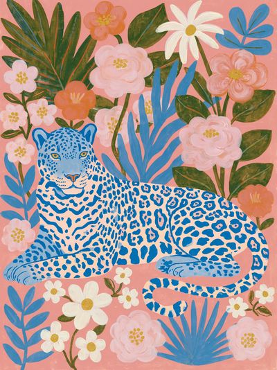 Blue Leopard Floral Illustration Poster.