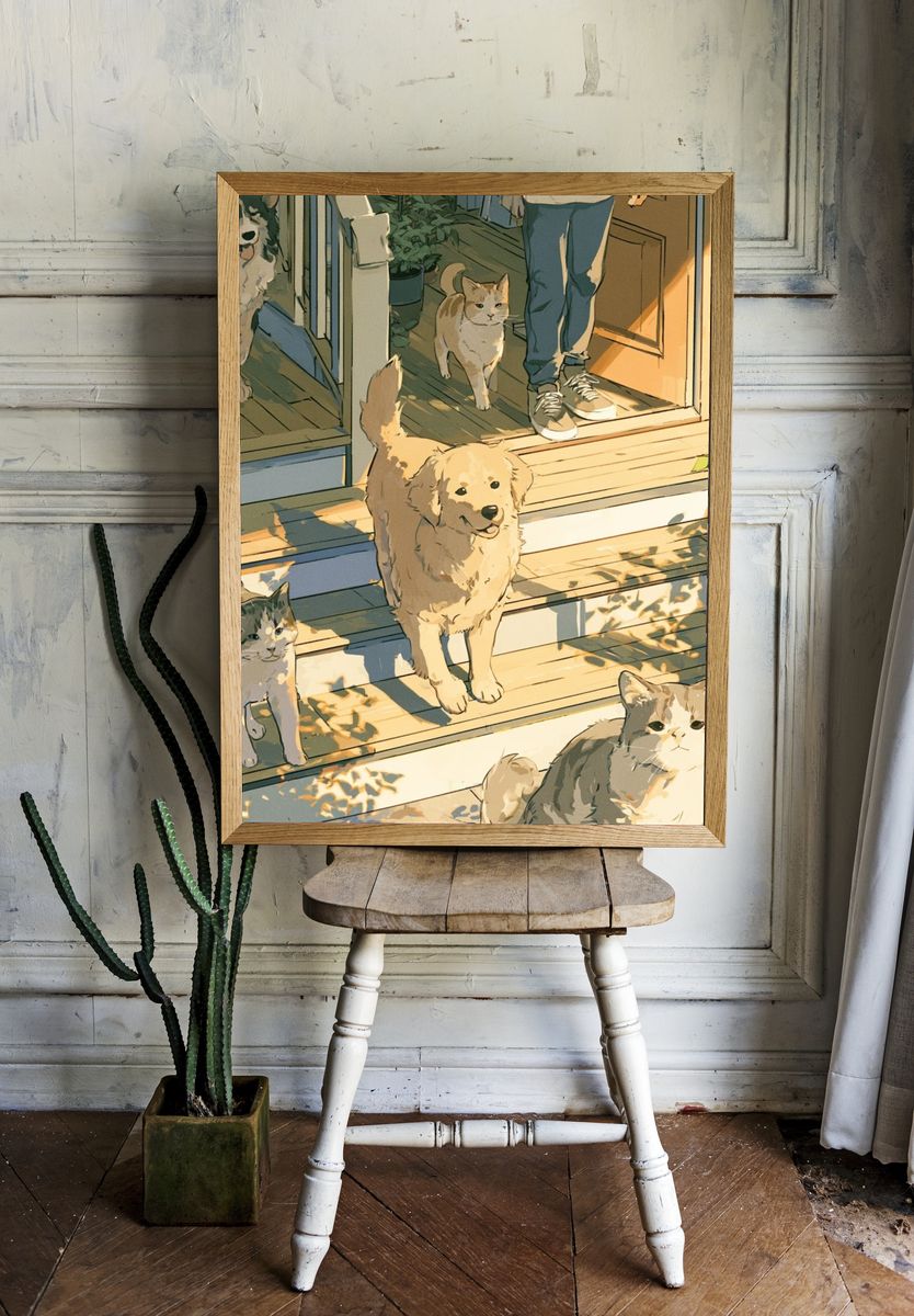 Sunlit Cats on the Porch Illustration Poster. room preview