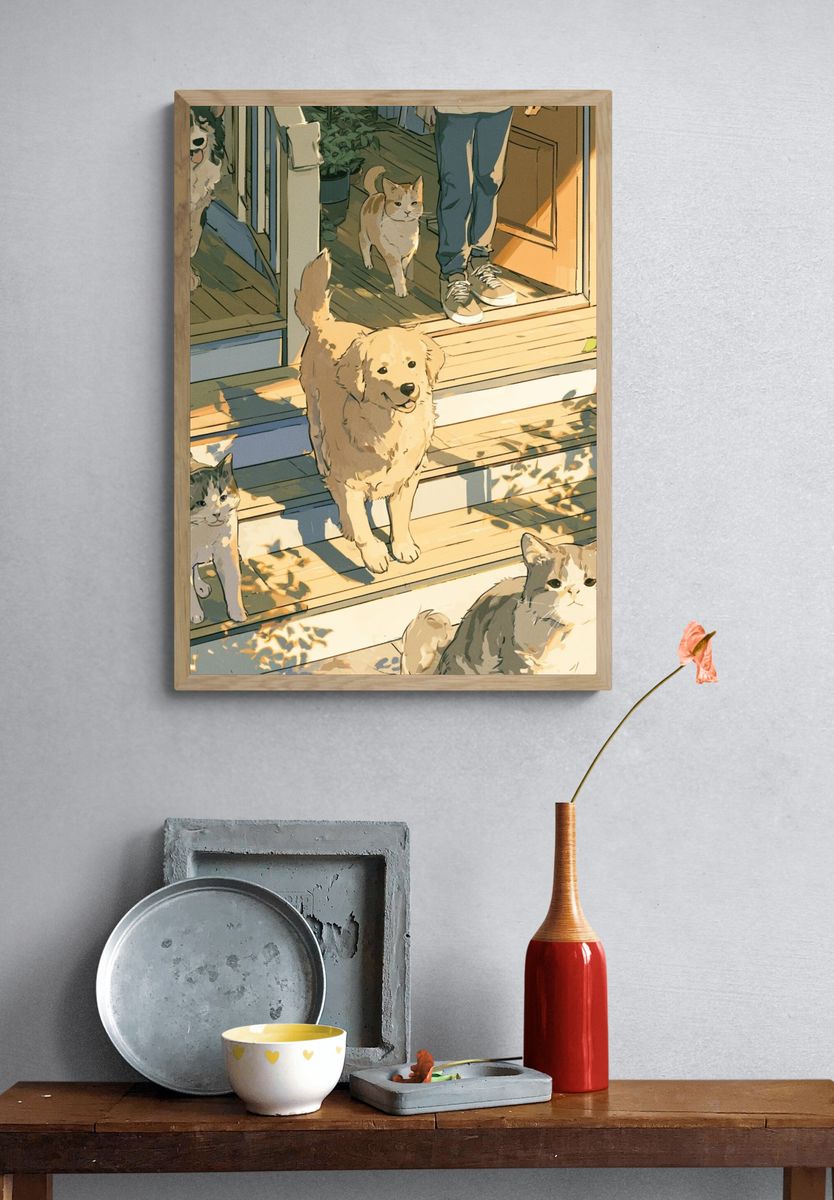 Sunlit Cats on the Porch Illustration Poster. — room view 3
