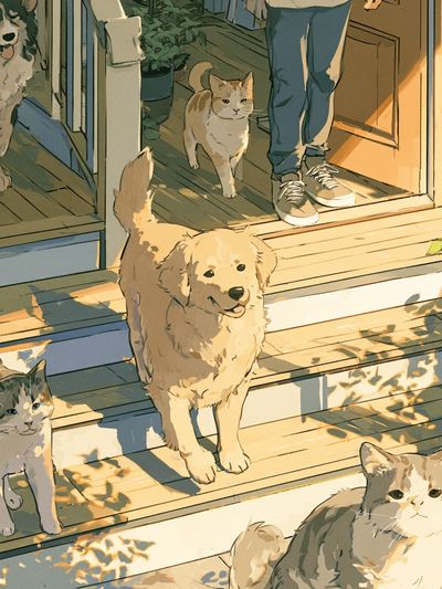 Sunlit Cats on the Porch Illustration Poster.