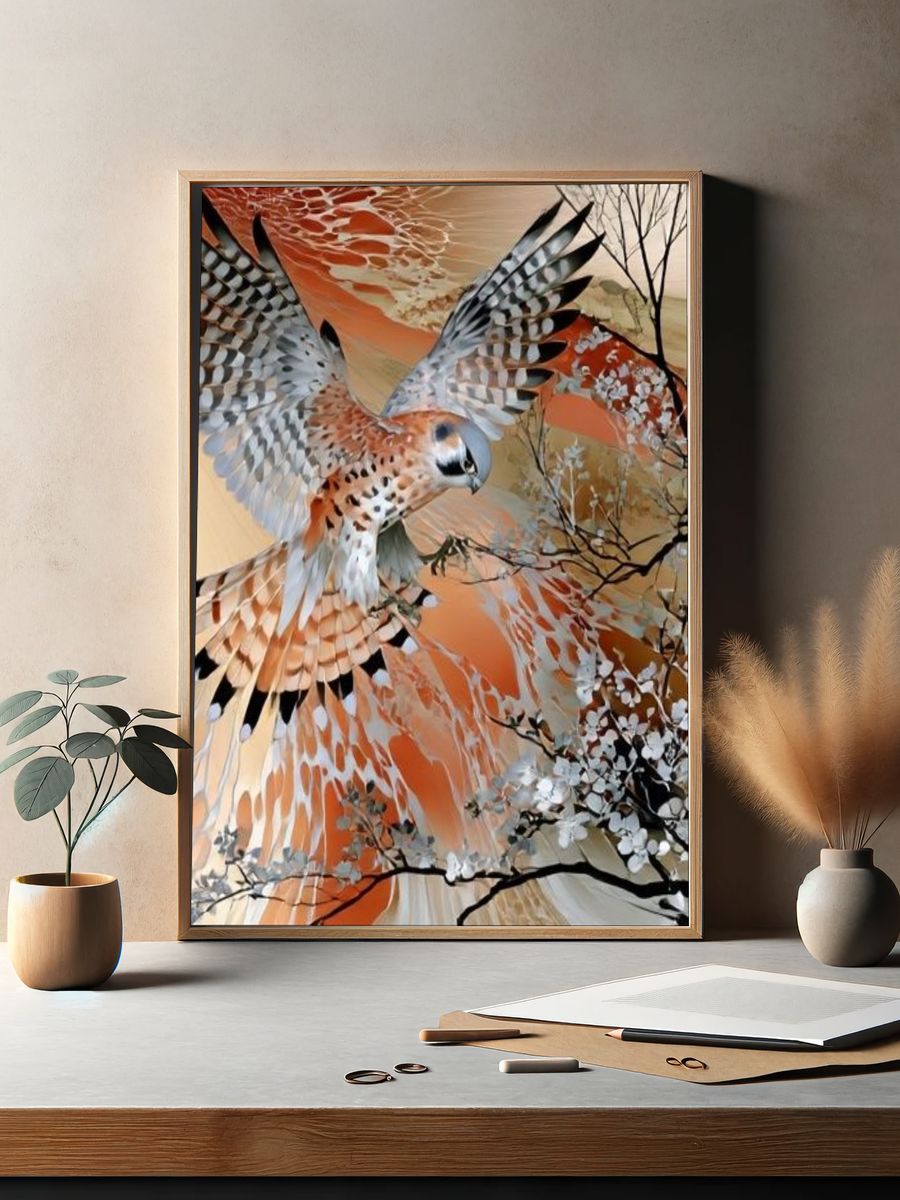 Falcon in Autumn Sky Illustration Poster. — room view 2