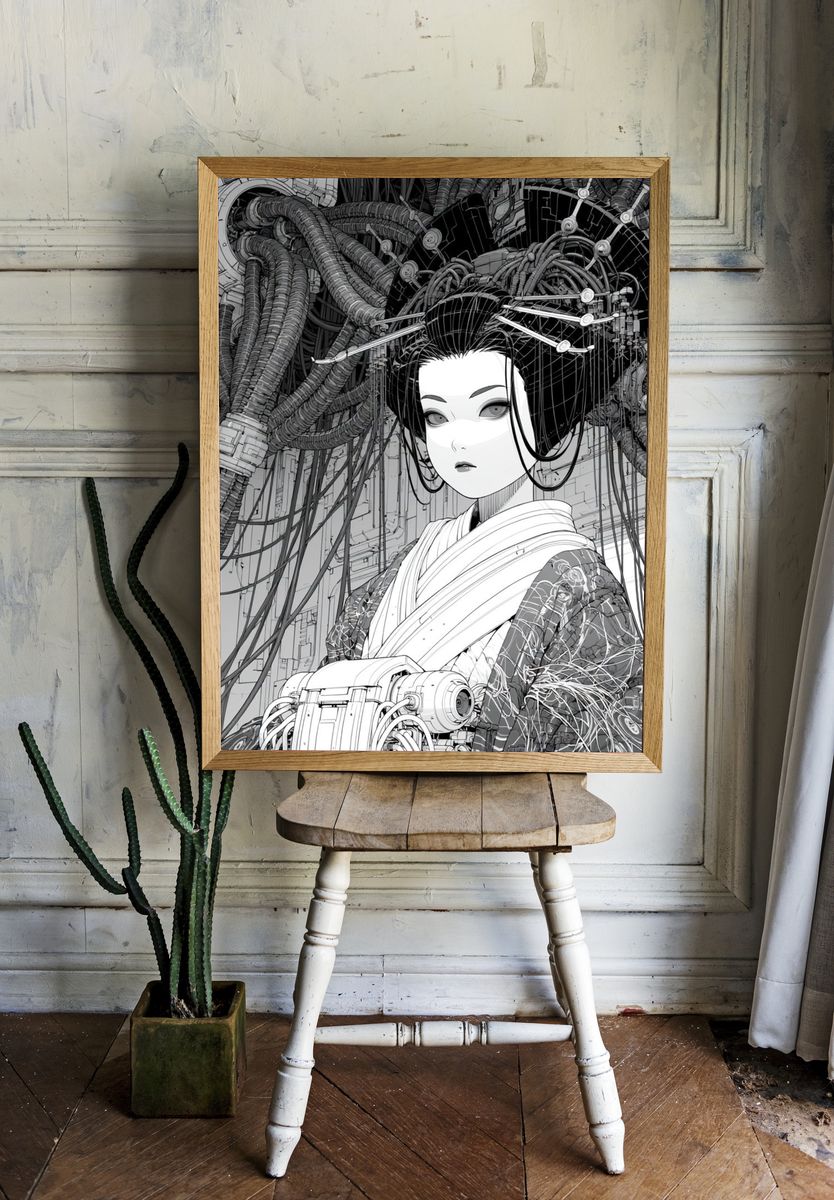 Cyber Geisha Portrait Print. room preview