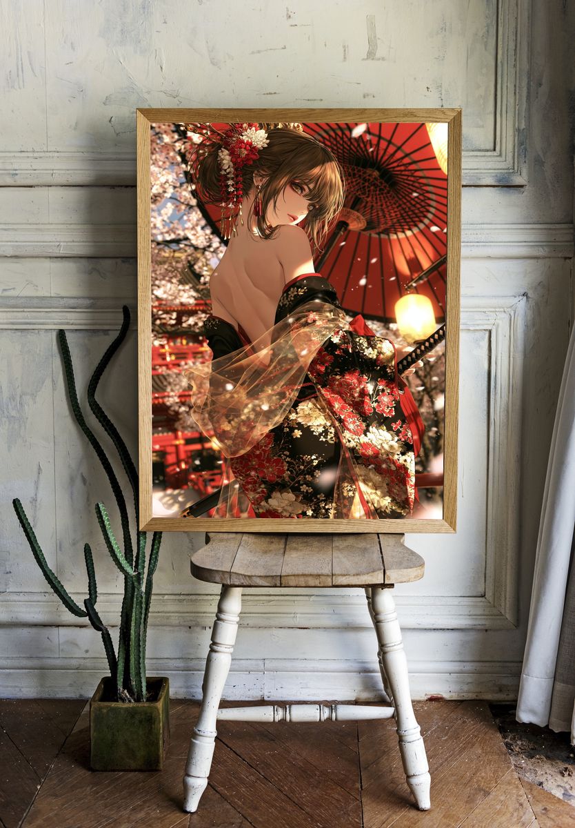 Geisha in Cherry Blossom Kimono Poster. room preview