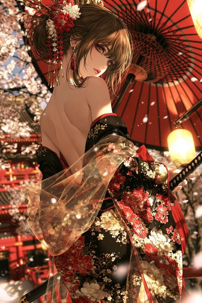 Geisha in Cherry Blossom Kimono Poster.