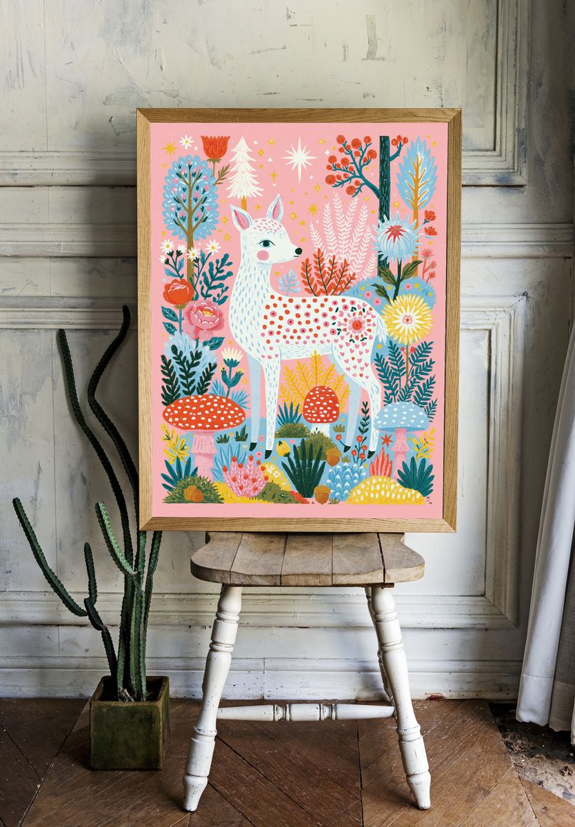 Whimsical Deer Garden Illustration Poster. — room view 1