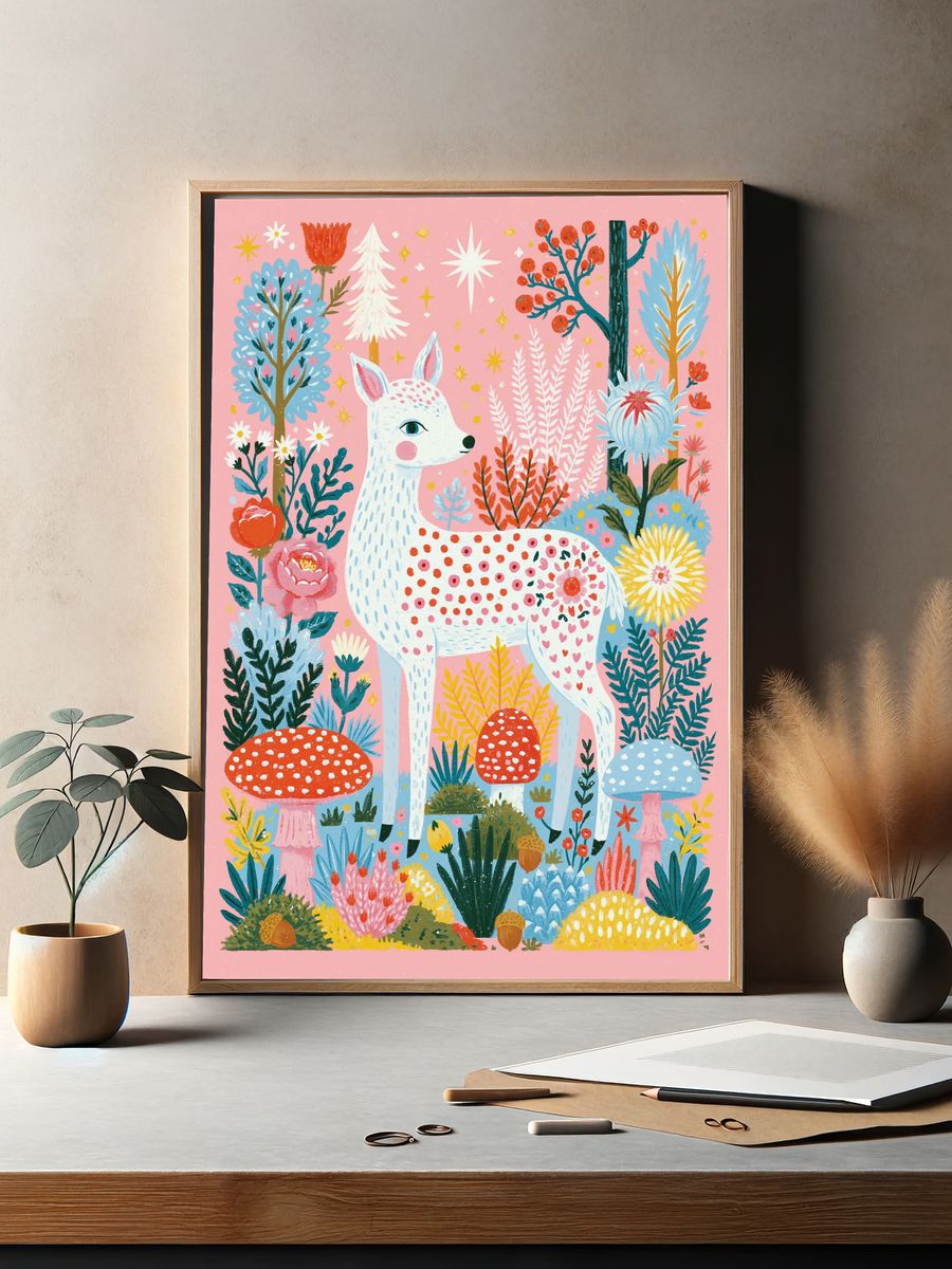 Whimsical Deer Garden Illustration Poster. — room view 2