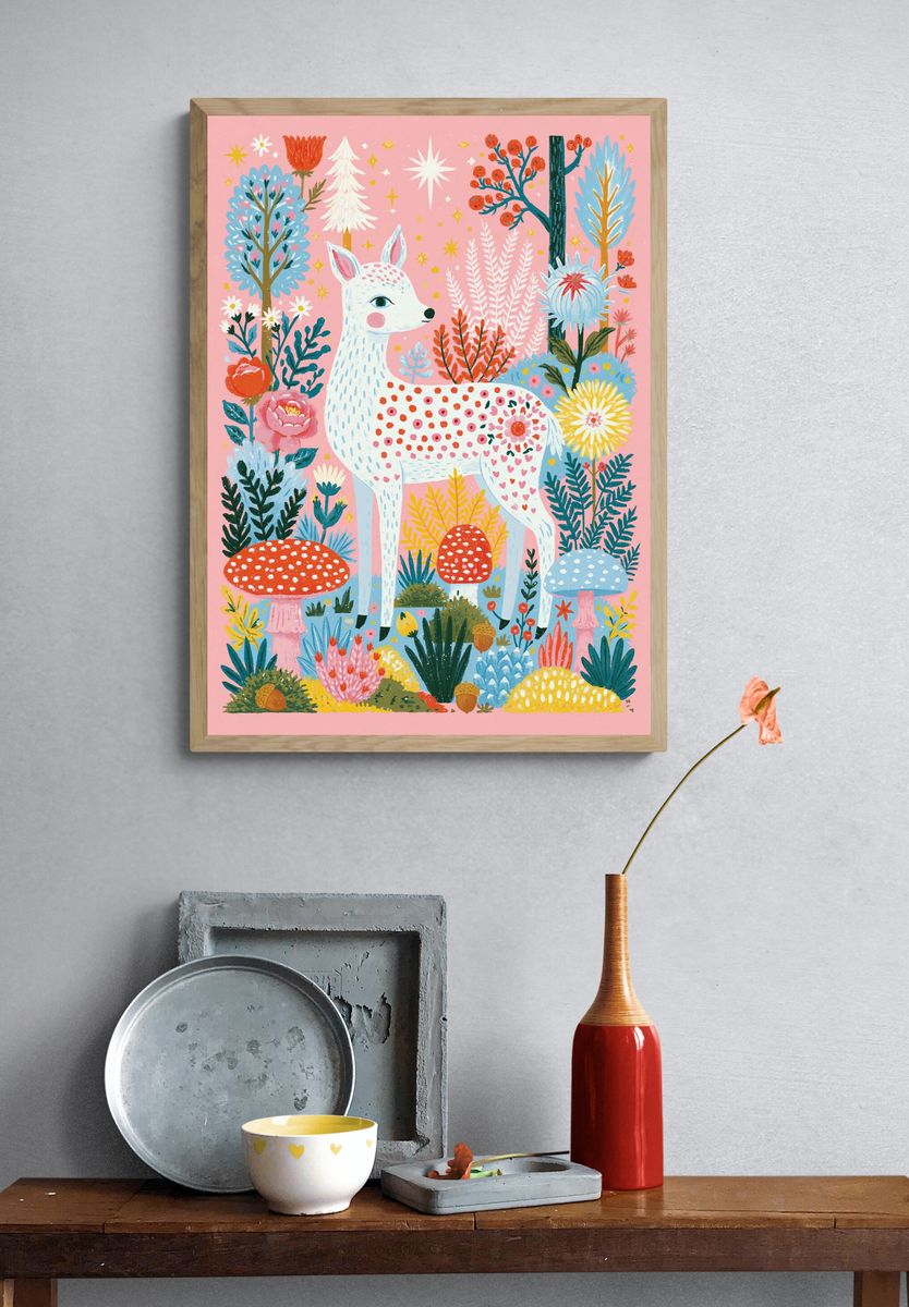 Whimsical Deer Garden Illustration Poster. — room view 3