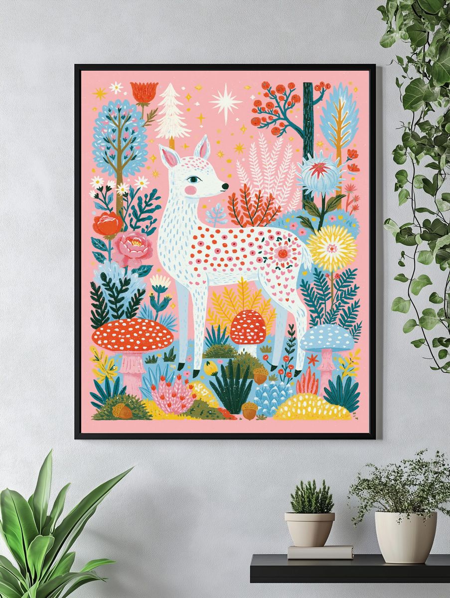Whimsical Deer Garden Illustration Poster. — room view 4