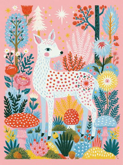 Whimsical Deer Garden Illustration Poster.
