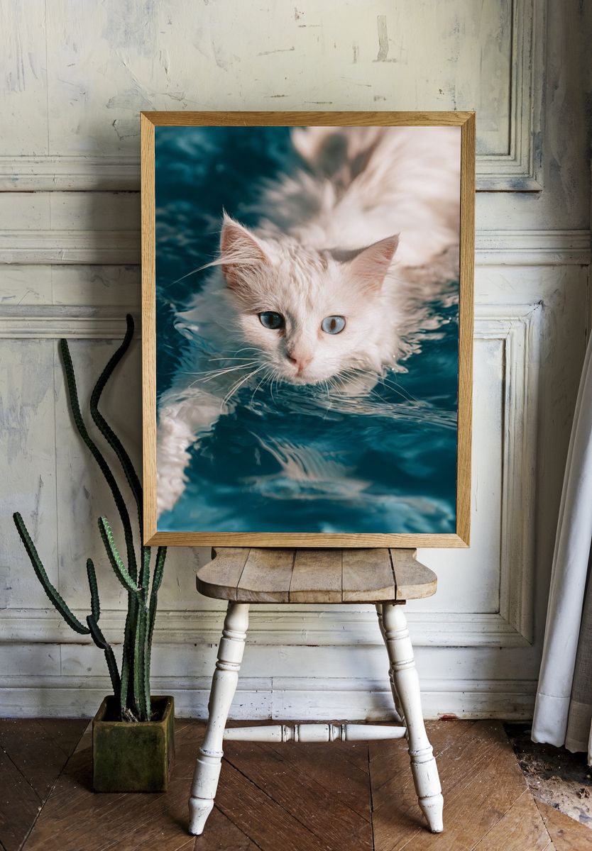 Blue-Eyed Cat in Water Photography Poster. room preview