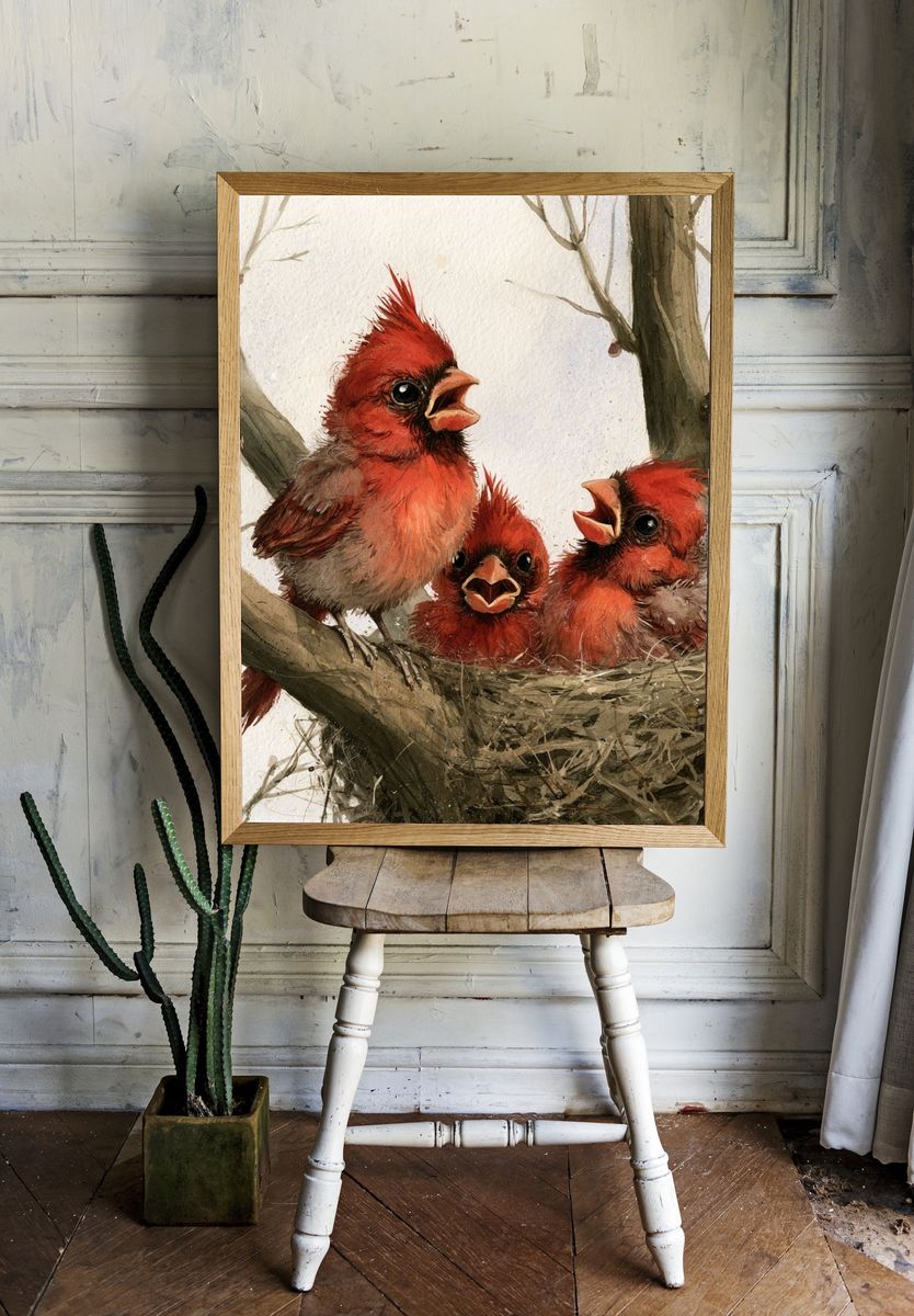 Cardinal Chicks Watercolor Poster. room preview