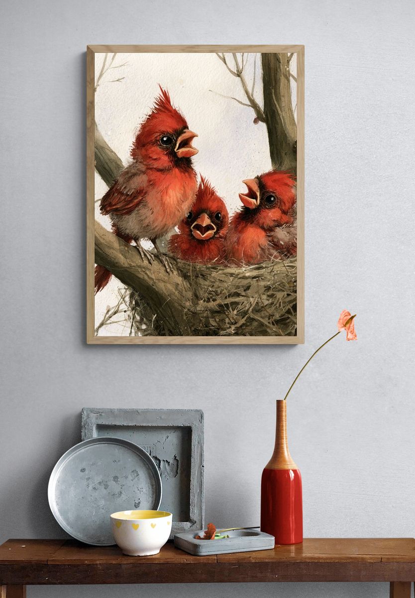 Cardinal Chicks Watercolor Poster. — room view 3