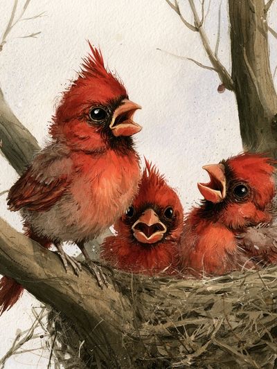 Cardinal Chicks Watercolor Poster.