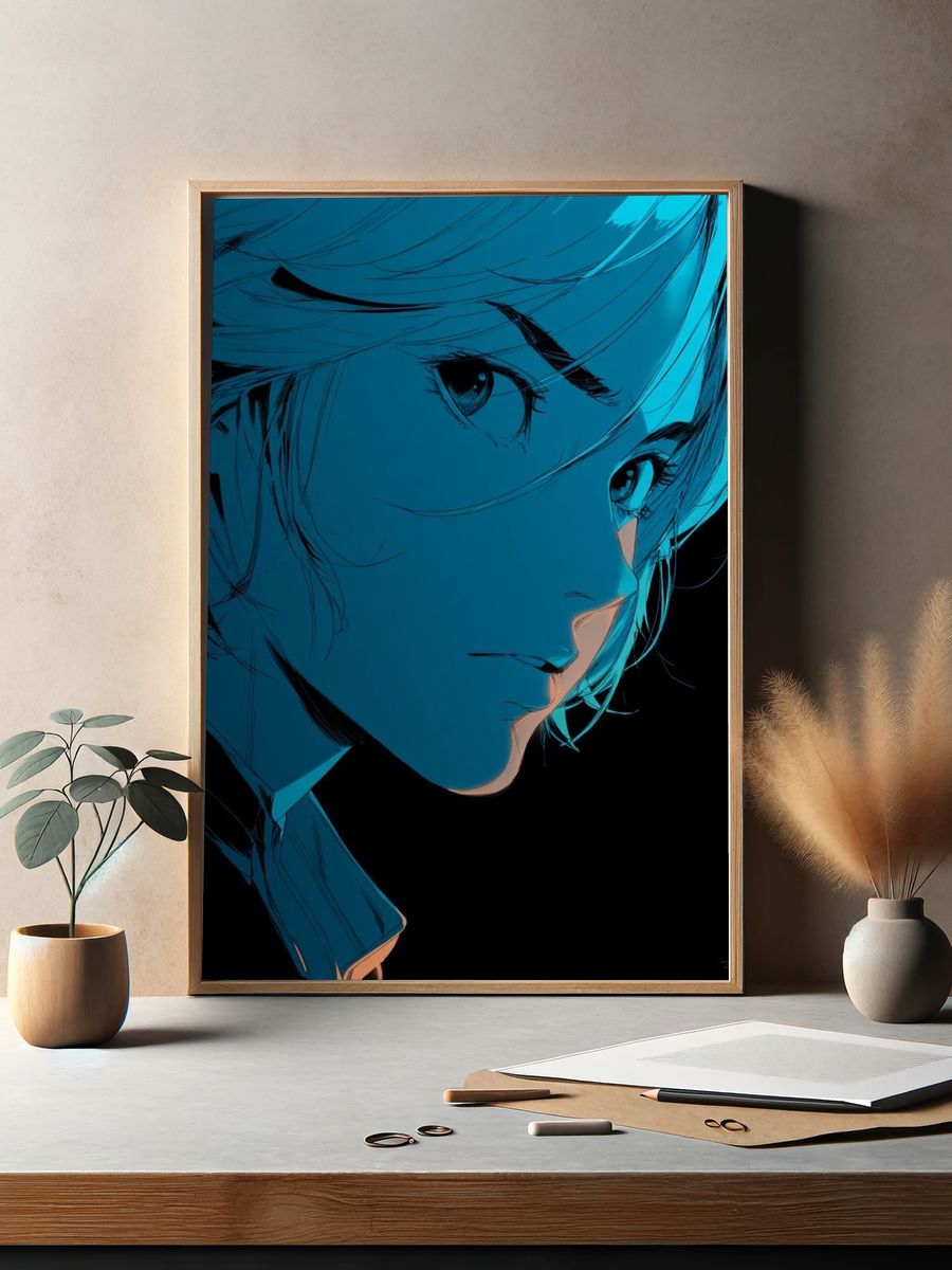 Blue Anime Portrait Print. — room view 2