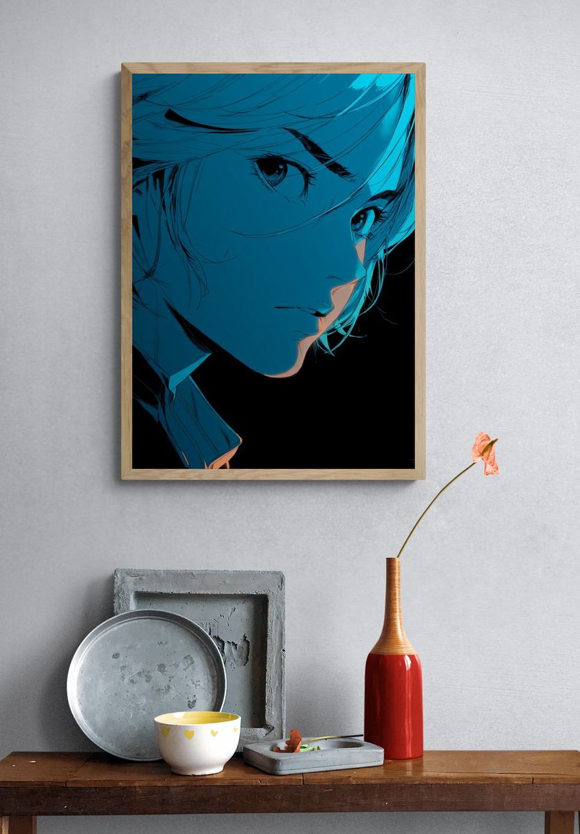 Blue Anime Portrait Print. — room view 3