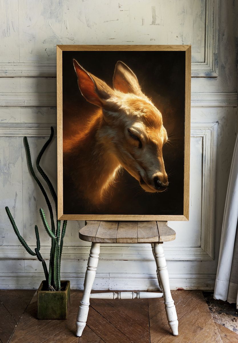 Golden Deer Portrait Print. room preview