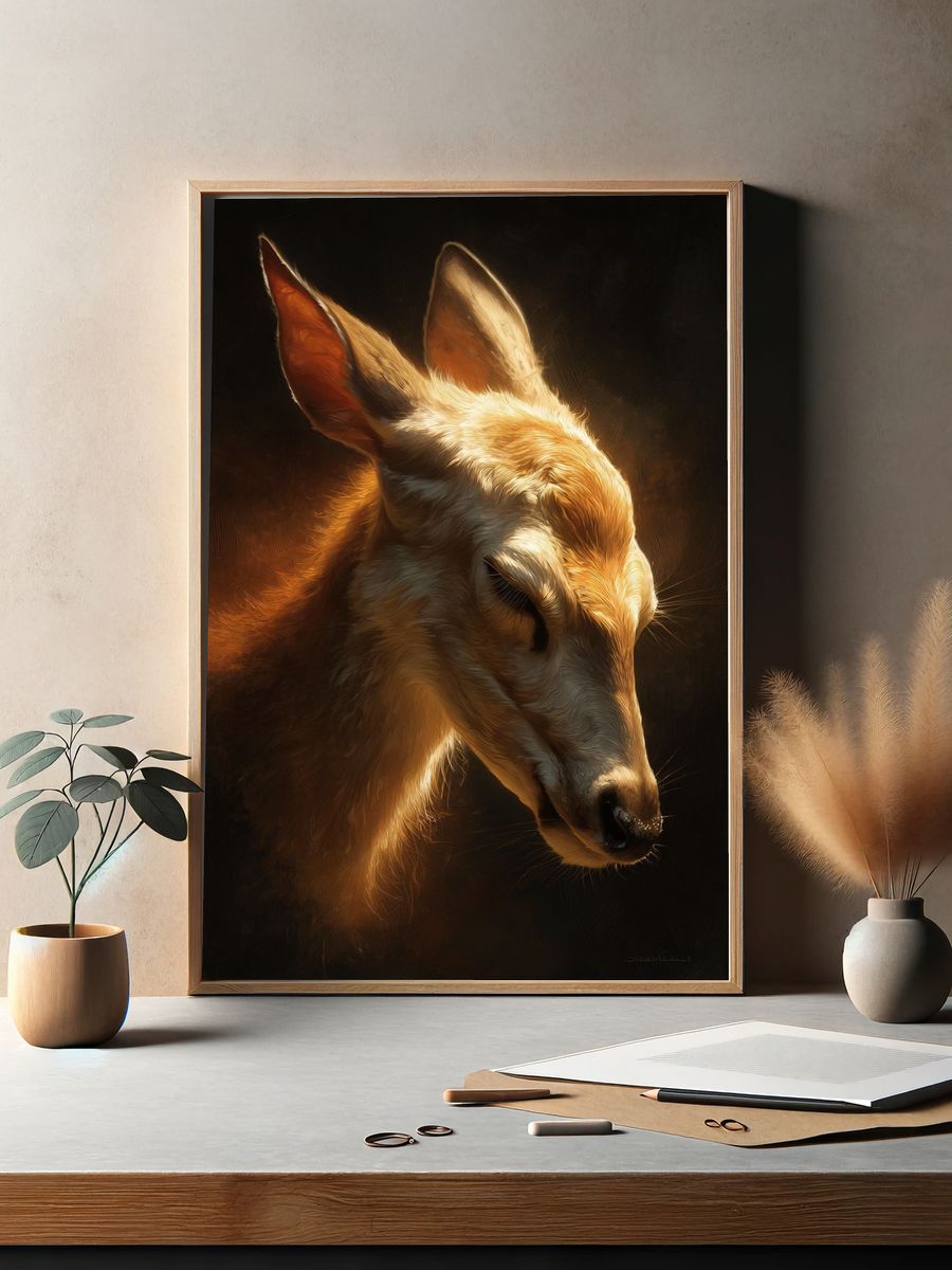Golden Deer Portrait Print. — room view 2