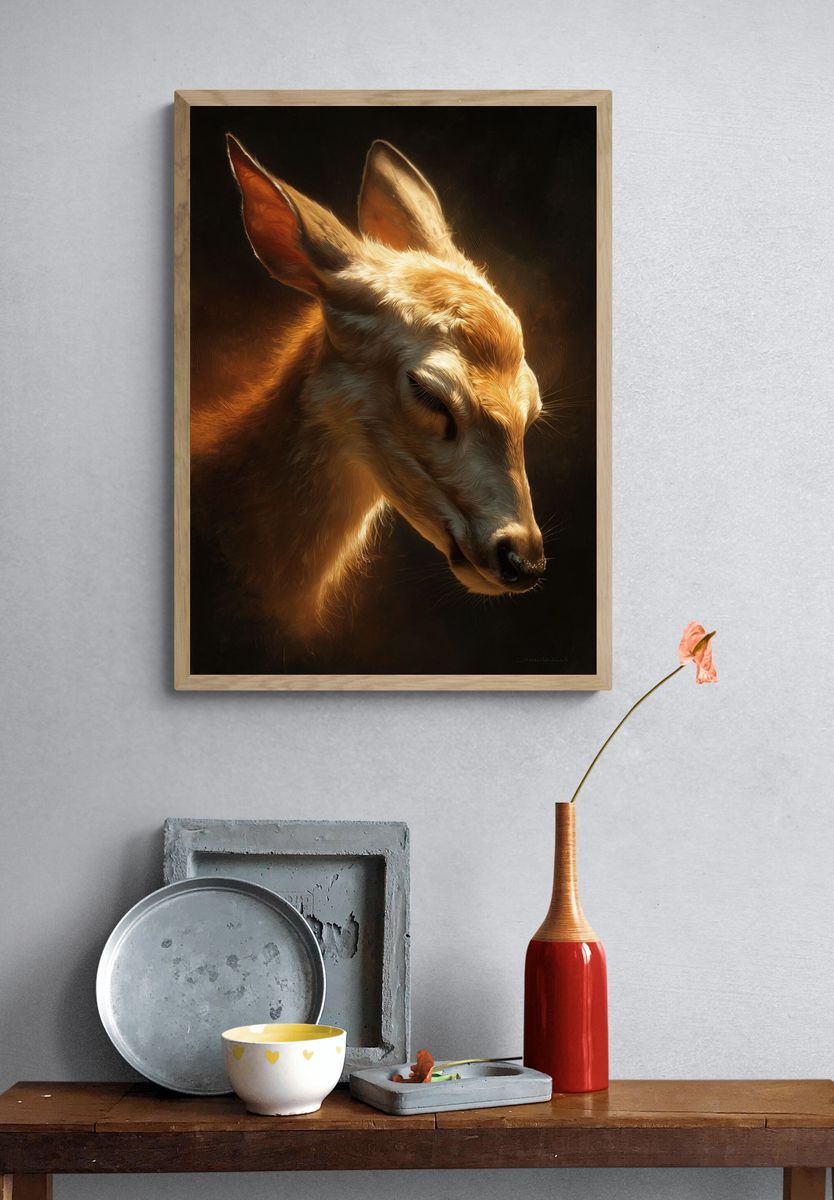 Golden Deer Portrait Print. — room view 3