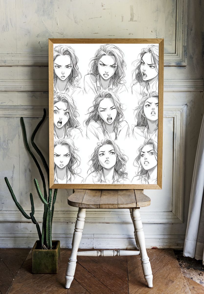 Expressive Manga Faces Illustration Poster. — room view 1